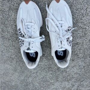 New Balance Women's White Sneakers with Leopard Print Accent and Tan Toe